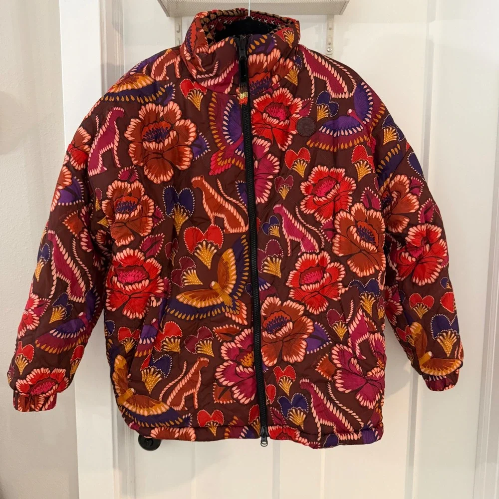 Farm Rio Nature Beauty Reversible Velvet Embroidered Puffer Jacket M Maximalist
